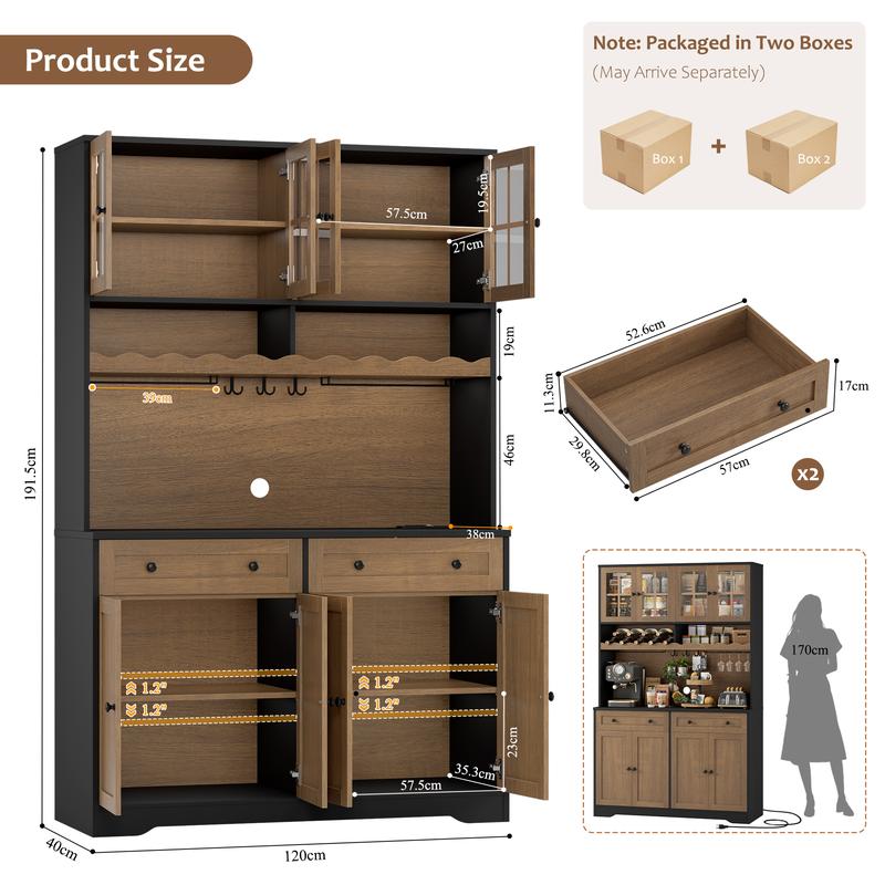 【2 Packages Shipping】HOSTACK 75.4" Tall Kitchen Pantry Cabinet with Charging Station, Hutch, Microwave Stand, Wine Rack, Large Pantry Storage Cabinet with Glass Doors, Drawers