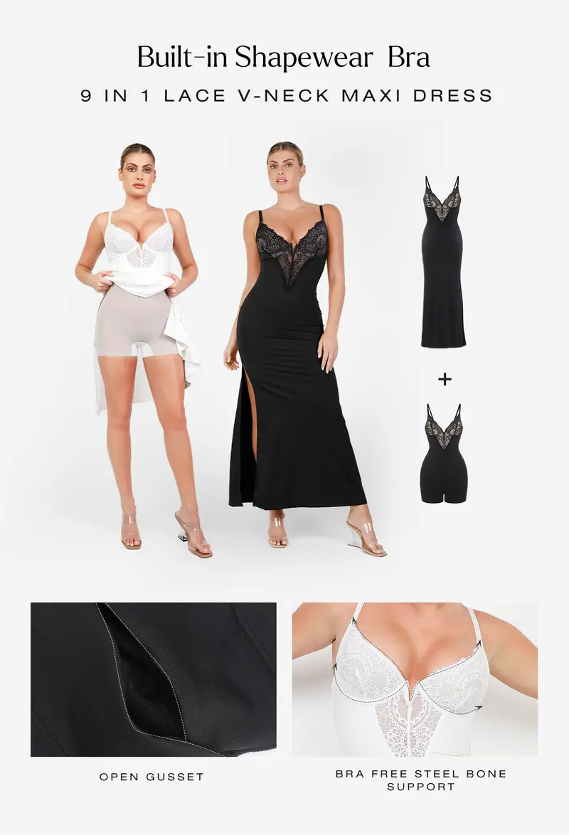 Popilush Formal Lace Built-in Shapewear Set Womenswear Sleeveless Deep V-Neck Maxi Dress Birthday Dress or Wide Leg Jumpsuit Tummy Control Cocktail Party