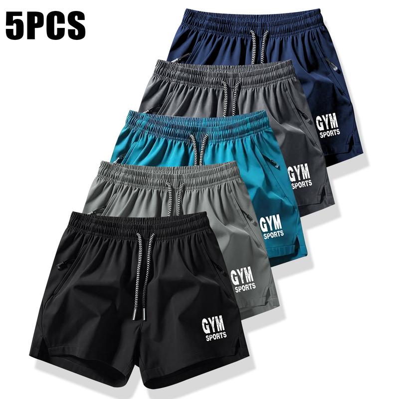 Men's Drawstring Pocket Shorts, Men's Clothing, Athletic Casual Stretch Waist Pocket Shorts, Breathable Everyday Wear Workout Pants Set of 5