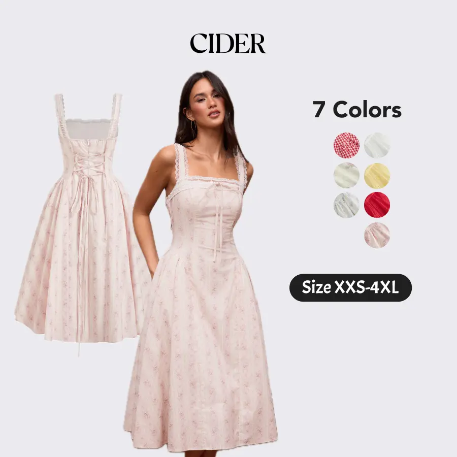 Cider Vintage Summer Ditsy Floral Dress for Casual Daily, Elegant Cotton Ruffled Maxi Dresses, Ladies Sweetheart Sundress, Beach Vacation Outfits, Lady Gown SohoChic