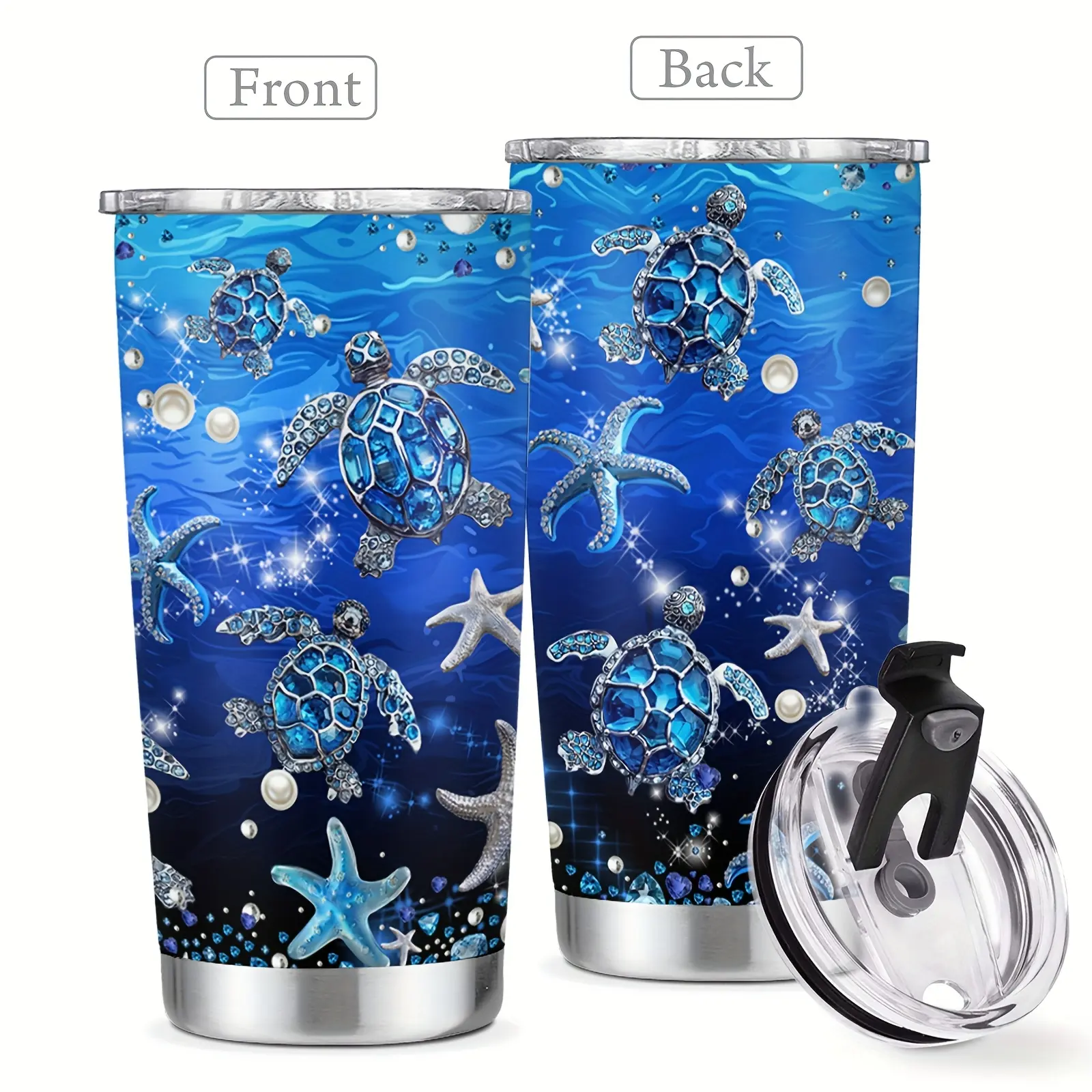 Women's 20oz 18/8 Food-Grade Stainless Steel Double Wall Vacuum Flask Tumbler - Insulated Travel Cup, Double Wall Drinkware with Underwater Starfish Print, Sea Turtle, Lid, Portable, Great for Beach Trips, Keeps Drinks Cold 12h, for Adults, Enchanting Und