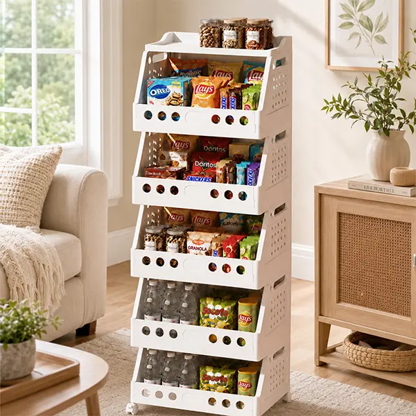 2-----5 Tier Stackable Rolling Storage Cart with Wheels, Foldable Freely Combinable Storage Shelf, Multi-Form & Multi-Scene Multi-Purpose Plastic Organizer Rack, Mobile Storage Trolley for Kitchen Pantry, Fruits Vegetables, Snacks, Bedroom and Bathroom