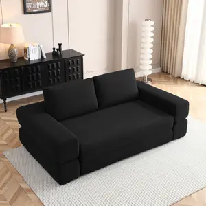 81-in Pre-Assembled 3-in-1 Convertible Corduroy Sofa Bed - Durable Extendable 2-Seat Folding Floor Couch with Pillows, Boneless Comfy Lounge Loveseat for Families, Living Room Movie Night, Black