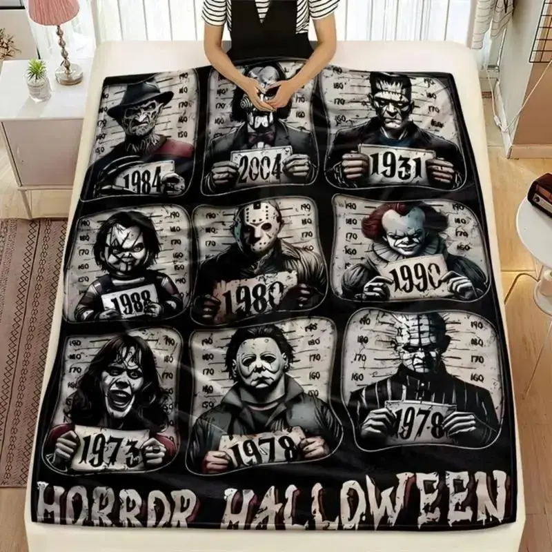 Funny Horror Movie Icons Family Photo Print Flannel Blanket, Ultra Soft Cozy Plush Fleece Decorative Throw Blanket, Multi-scene Cover for Sofa Bed Bedroom Dorm Travel, Ideal Halloween Birthday Christmas Holiday Fan Gift for Horror Lovers Kids & Adults