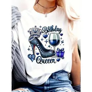 Women'S "Birthday Queen" Graphic T-Shirt - Short Sleeve Crew Neck Casual Top with Sparkling Crown & Wine Glass Design, Perfect for Spring & Summer Celebrations, Birthday Shirts