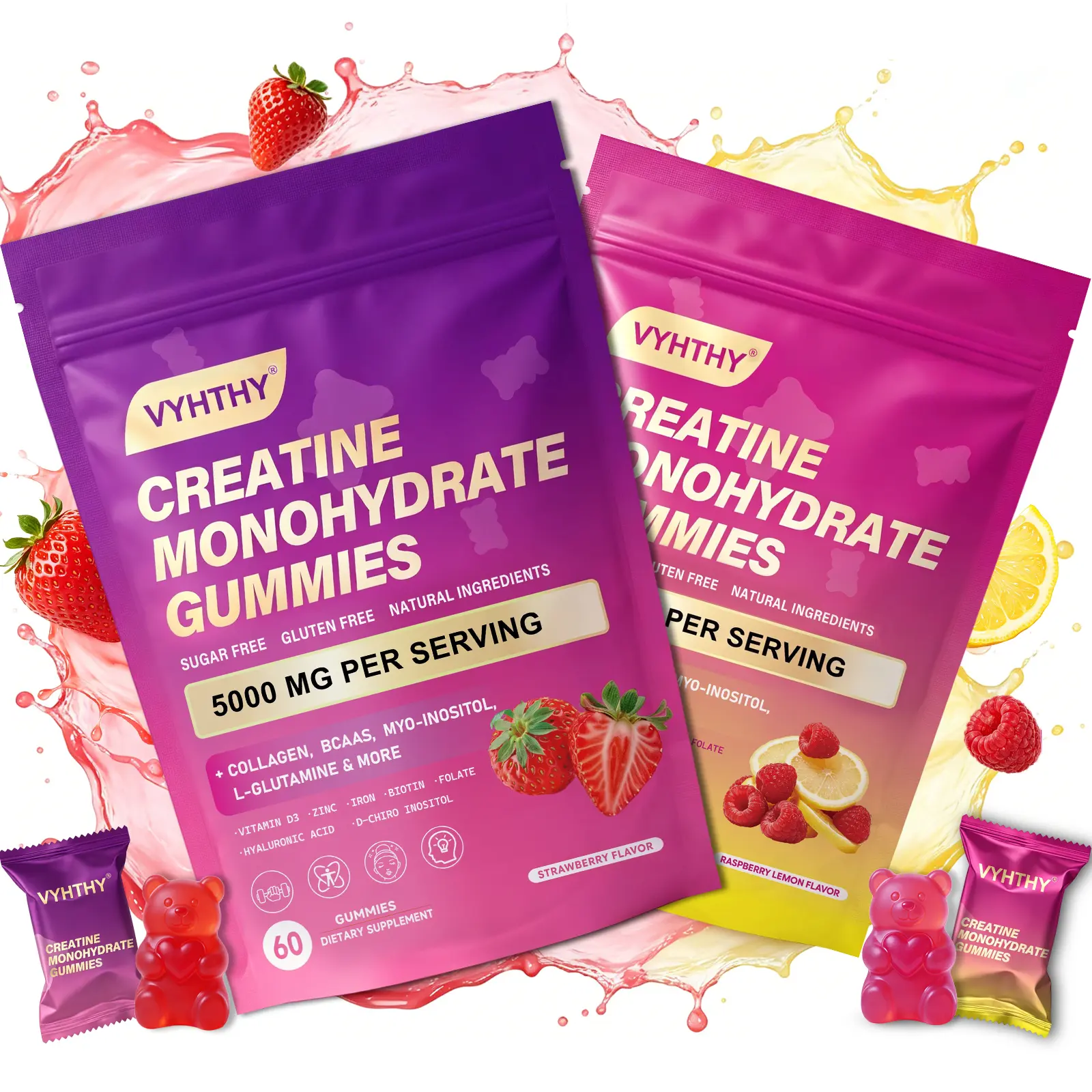 VYHTHY Women's Creatine Monohydrate Gummies - Vegan Pectin Base Chewable Dietary Supplement, Clean Label Zinc-Infused Post-Workout Aid for Muscle Gain, Energy & Hair-Skin-Nails Support