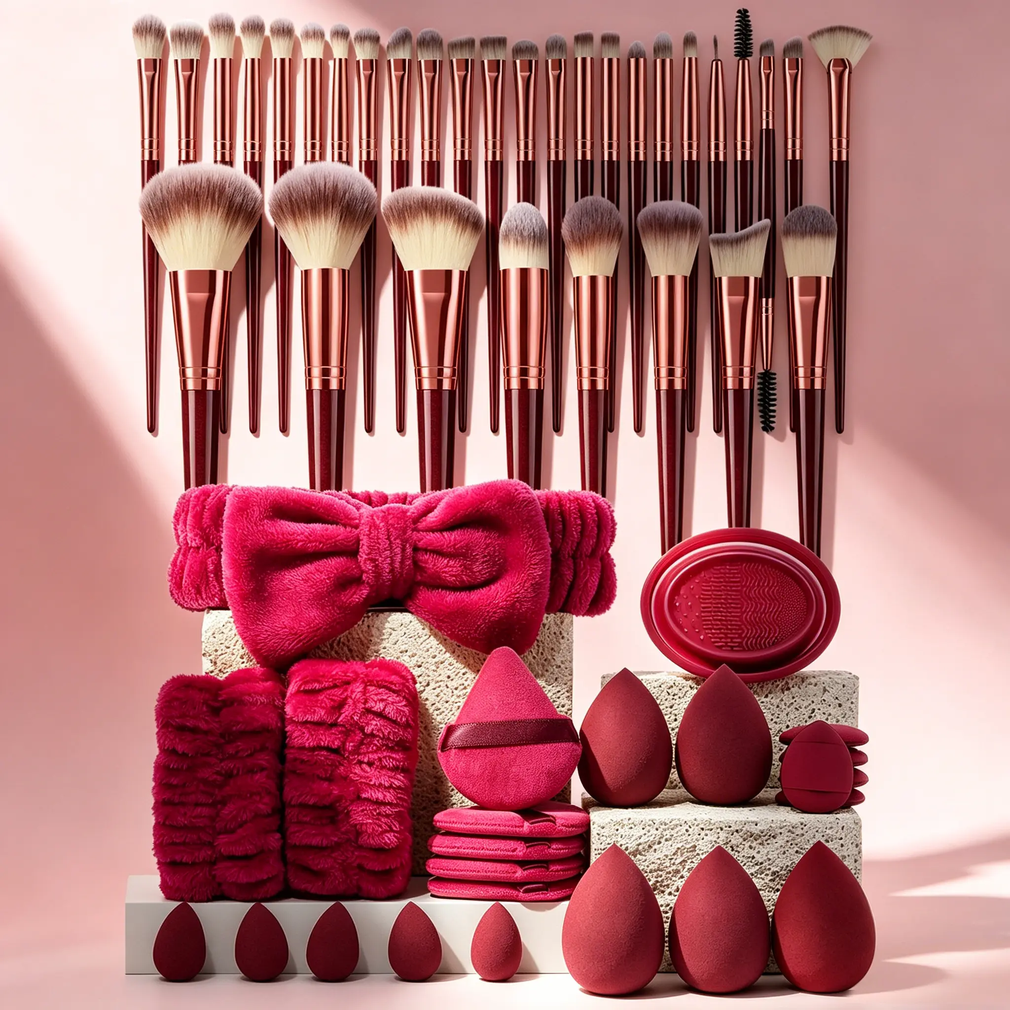 Wine Red 56PCS All-In-One Cosmetic Brush Variety Pack 32 Premium Face Makeup Brush Set for Powder Highlighter Nose Shadow Detail Outline Eyelash Foundation Concealer Blending 24 Precision Application Tools Complete Daily Full Face Makeup Applicator Kit