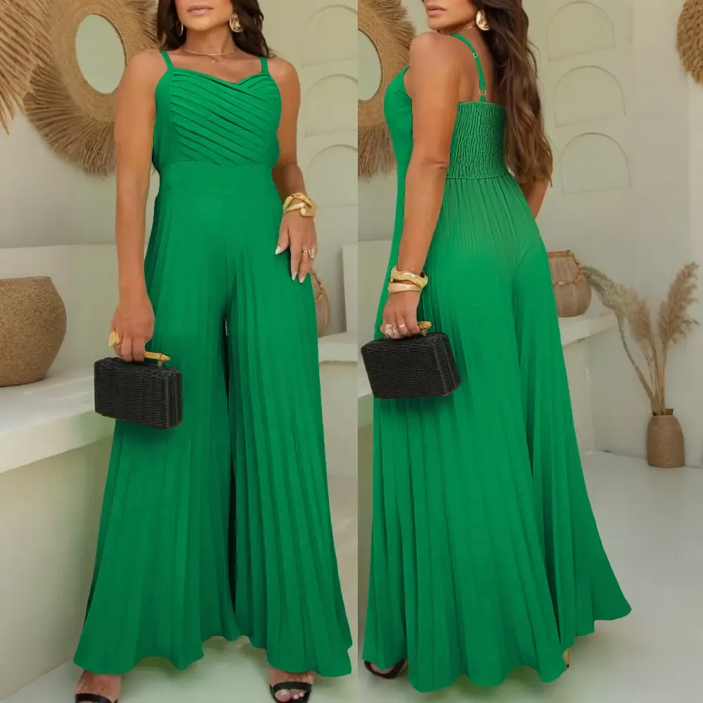 CHICME Women's Pleated V Neck Spaghetti Strap Waist Sleeveless Jumpsuit Casual Wide Leg Flared Romper Womenswear