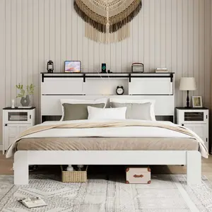 Farmhouse Wood Platform Bed Frame with Storage Headboard & Charging Station