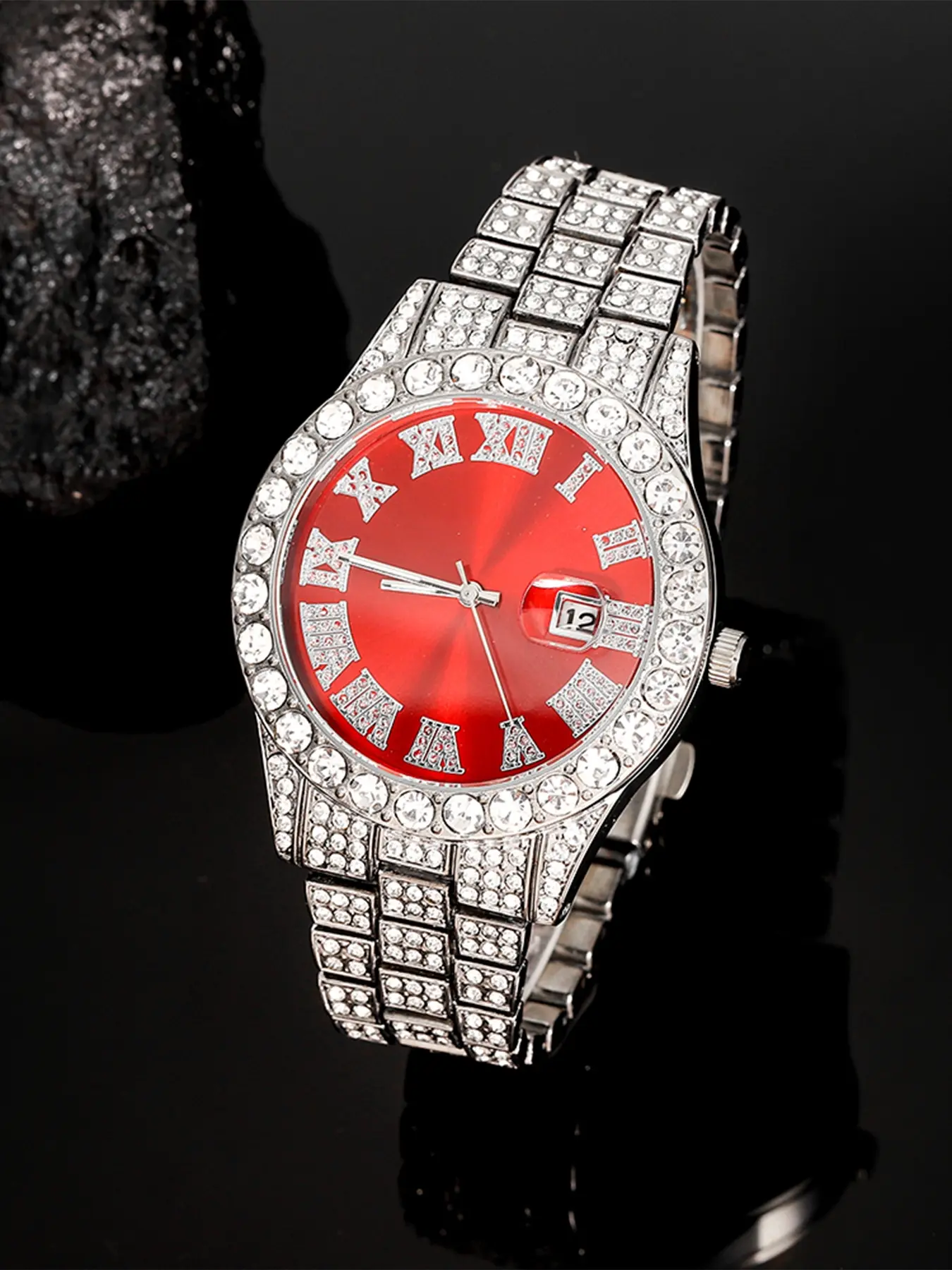 Quartz Watch Set, Unisex Analog Wrist Watch, Rhinestone Wristwatch, Luxury Hip-Hop Style with Shiny Rhinestone, Zinc Alloy Chain, Fashion Jewelry Gift for All Seasons