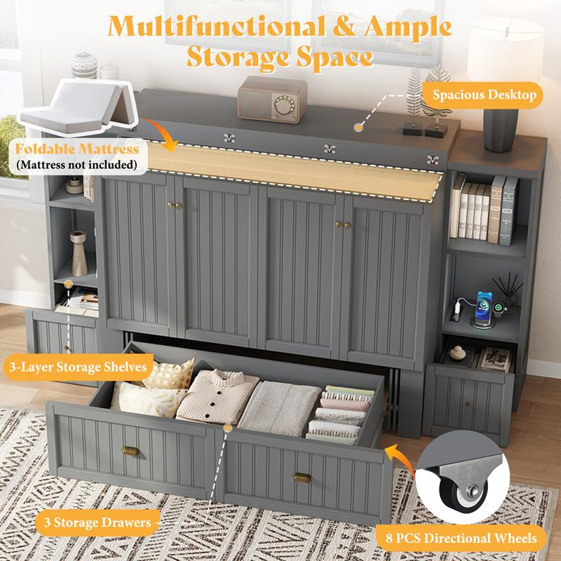 [Ships in 2 Boxes] AMERLIFE Murphy Bed with Bedside Tables, Foldable Cabinet with 3 Storage Drawers & Charging Station, Farmhouse Hideaway Bed for Bedroom/Office/Guest Room