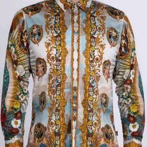 Barabas Men's Virgen de Guadalupe Rhinestone Multicolor Button Up Dress Shirt with Elegant Floral and Angelic Motifs