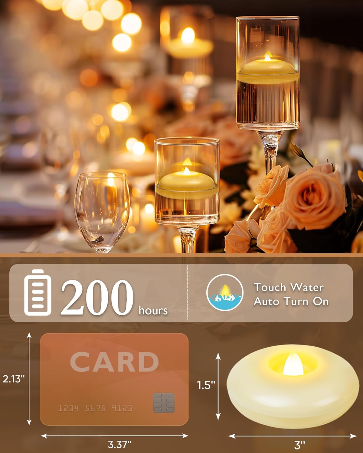 12 Pack 3” Flameless Led Floating Candles, 200 Hour White Battery Operate Waterproof Tealights for Cylinder Vases, Centerpieces at Wedding Decor, Party, Pool