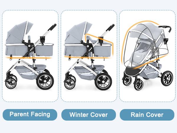 EROMMY 6-in-1 Baby Stroller with Bassinet, Convertible Infant Stroller with Adjustable Backrest & Canopy, Foldable Pushchair with Reversible Seat and Cover for Newborn 0-36 Months (Gray, Black)