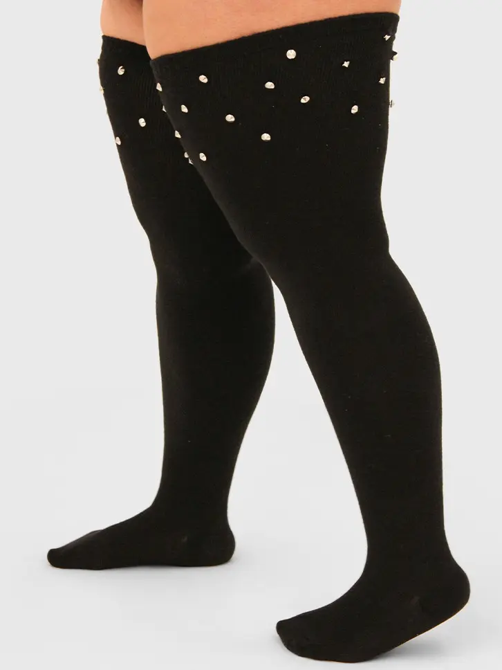 Thunda Thighs Tubbies Silver Studded Black Thigh High Socks Women's Lightweight Cotton Blend Stretch Machine Washable