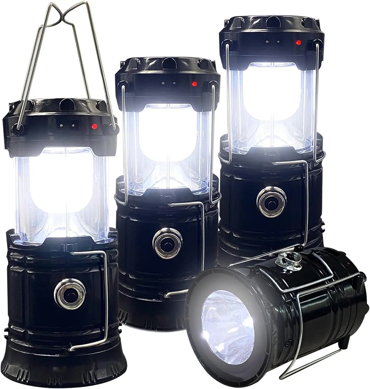 4-Pack Solar Powered Camping Lanterns, Compact Rechargeable LED Collapsible Lamps with Built-in Hanging Hook, IPX4 Waterproof, Lightweight for Outdoor Use, Home Emergency Preparedness, Garages