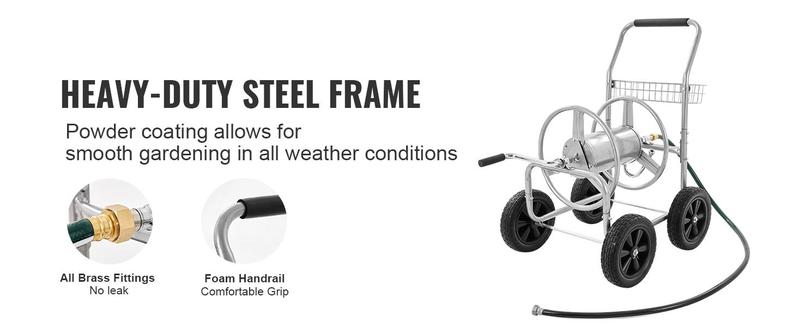 VEVOR Hose Reel Cart for Garden Watering with Storage Basket, TikTokShopBlackFriday, Mobile Tools and 4 Wheels, Heavy Duty Powder-coated Steel, 300 ft Capacity