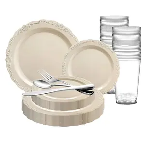 Ivory Vintage Round Disposable Plastic Dinnerware Value Set (120 Settings)