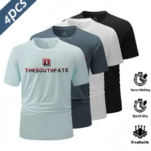 Men’s casual 4-pack crewneck T-shirts; men’s slightly stretchy fitness wear; men’s sports T-shirts made from polyester fabric—comfortable and soft, suitable for workouts, sports, cycling, and everyday casual wear; machine washable.