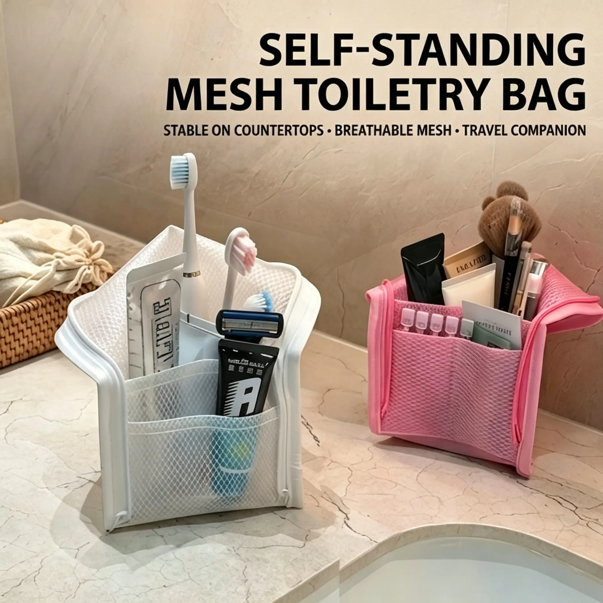 Freestanding Mesh Shower Caddy - Quick-Dry Multi-Pocket Travel Bags for Toiletries, Foldable Portable Gym Tote for Travel, College Dorm Bathroom Storage