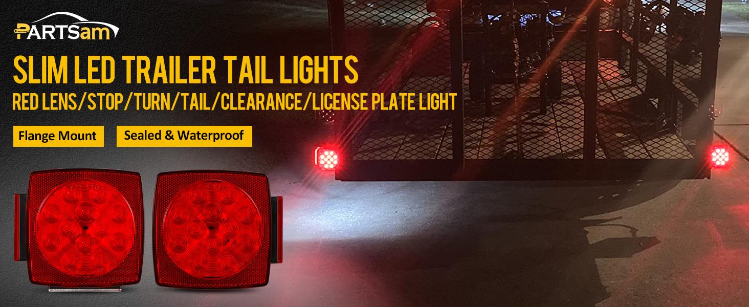 Partsam Pair Slim Square LED Trailer Lights 15 Red 4 White LEDs 5050 SMD 12V IP67 Stop Turn with Side Clearance for Under 80" Boat Trailers