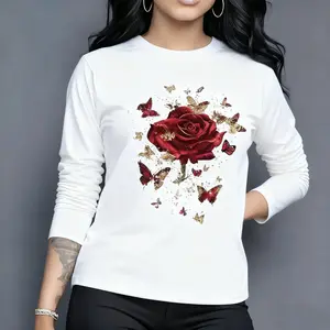 Wo Long Sleeve Tops Vintage Graphic Tees Wo Shirts Wo Graphic Tees Rose And Print Retro - Style Top Casual Daily Wear Outings And Fashion - Forward Style Statets