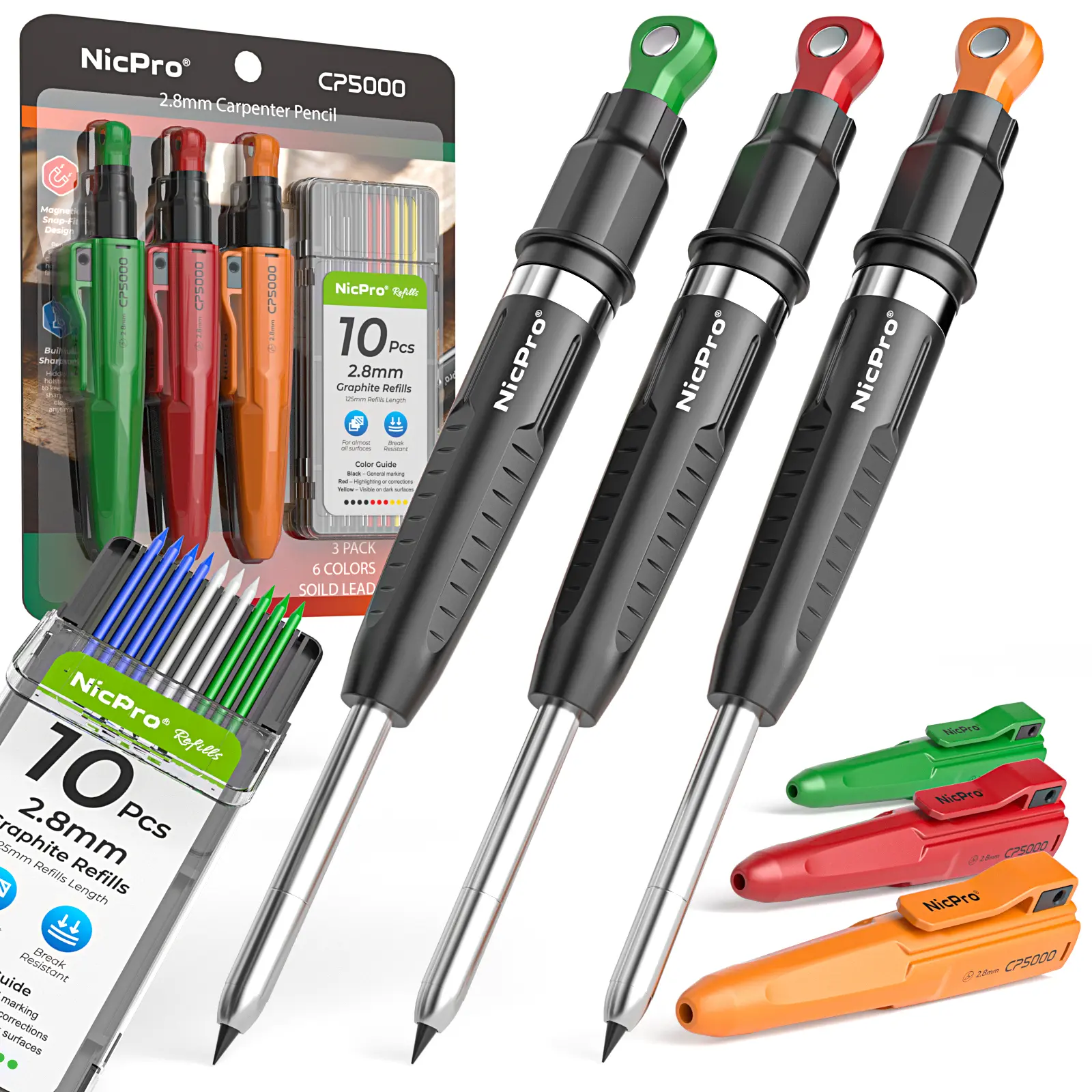 Nicpro 7-in-1 CP5000 Magnetic Mechanical Pencils (3 Pack) - Graphite, Bullet Tip, Assorted, Colorful Mechanical Colored Pencils with Sharpener, 30 Refills, Deep Hole Marker for Construction, Woodworking, Graphite Pencils,back to school,back to school haul