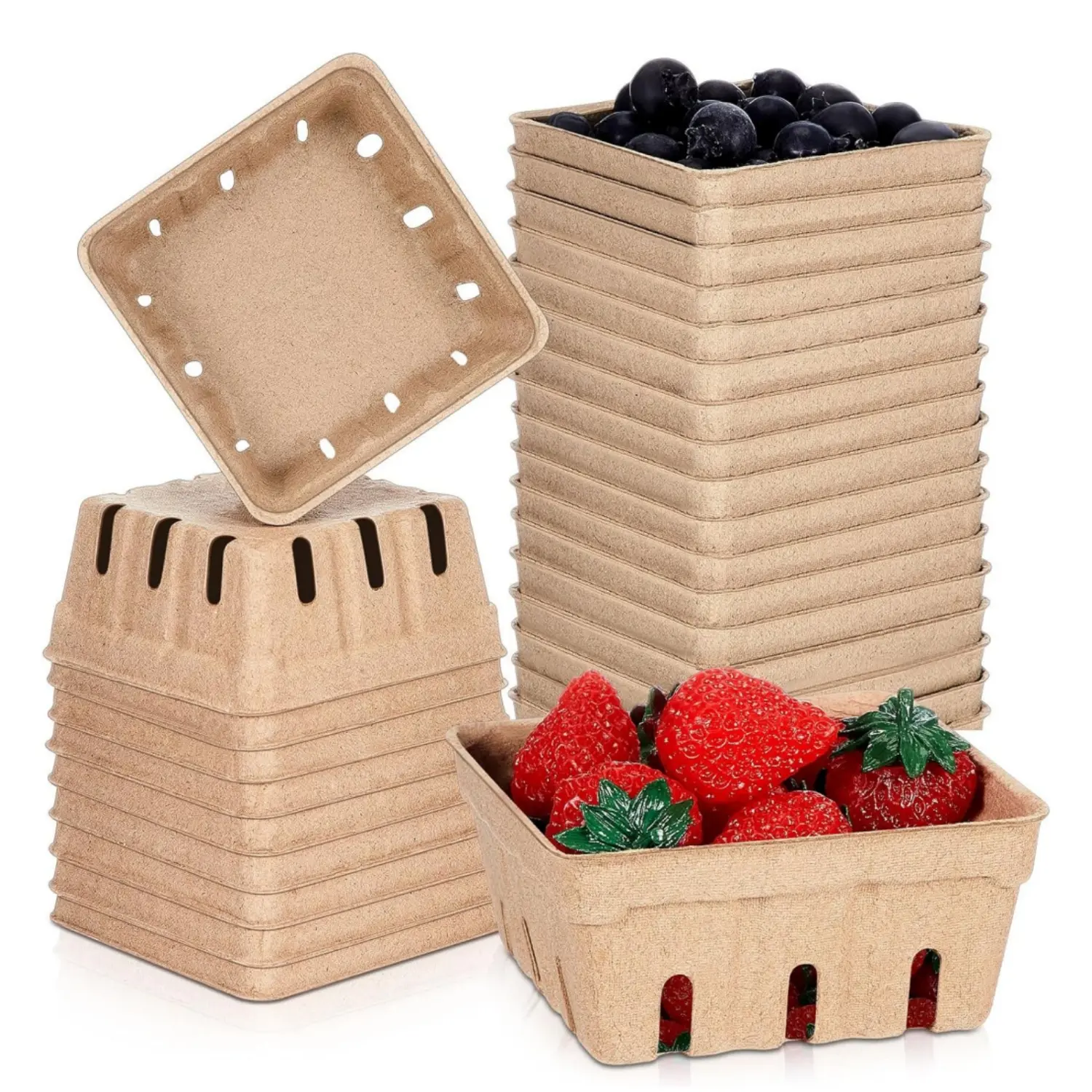 30Pcs (4x4x1.77in) Small Natural Pulp Fiber Vented Molded Fruit Vegetable Baskets - Lightweight Home Supplies for Backyard Party, Grocery Shopping, Buffet Storage & Organizing, 30Pcs(4\ X 4\ X 1.77\)Small, Organiser
