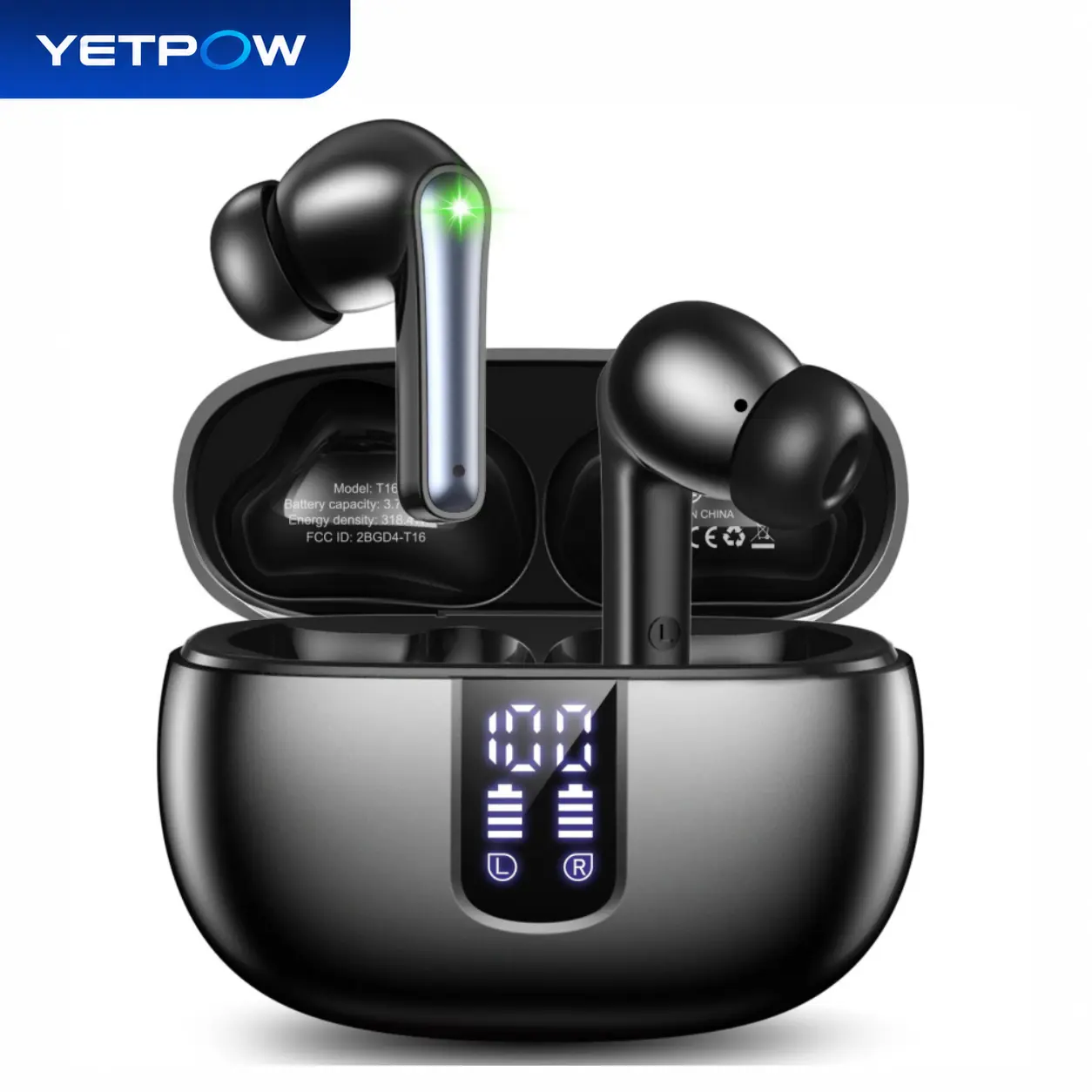 YETPOW T16 In-Ear Wireless Bluetooth 5.4 Earbuds (Bass-Focused Sound), Waterproof Headphones with Silicone Tips, 48H Playback, LED Display Charging Case, Built-in Mic, IPX7 Water Resistance, Noise Cancellation, Voice Control for iPhone/Android Sports