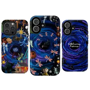 Whimsical Coraline Phone Case for iPhone ProMax Plus Air&Samsung Ultra,Creepy Cute Button Eye & Black Cat, Blue Night Sky, Spooky Galaxy, Creepy Cute Gift for Movie Fans Dark Fantasy Movie