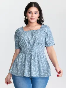 【Summer Turn-Up】【Neck-Lengthening】BlOOMCHIC Plus Size Women's Ditsy Floral Front-Tie Shirred Blouse [1x-6x] 2026 Summer Pick for Mother's Day