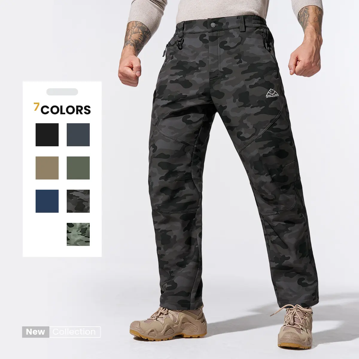 YSENTO Men's Winter Fleece Lined Work Pants, Water Resistant Wear Resistant Hiking Pants, Thermal Camo Joggers with Multi Zipper Pockets Mens Casual Trousers, Plus Size for Outdoor Camping Ice Fishing
