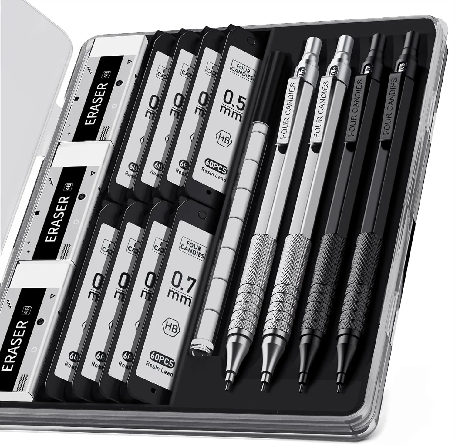 Four Candies 4PCS Metal Mechanical Pencils Set with Case, 0.5mm & 0.7 mm Artist Pencil with 8 Tubes (480PCS) HB Lead Refills, 3 Erasers,9 Eraser Refills For Writing Drafting, Drawing, Black&Sliver,back to school,back to school shopping