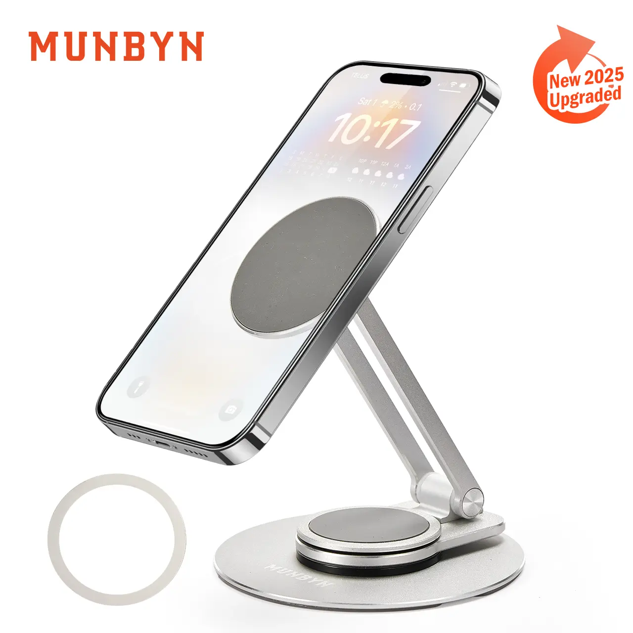MUNBYN 360-Degree Rotating Magnetic Phone Stand ,Adjustable Foldable Aluminum Phone Holder,Universal Phone Accessory for Home Office, Silver Edition Cellphone Alloy