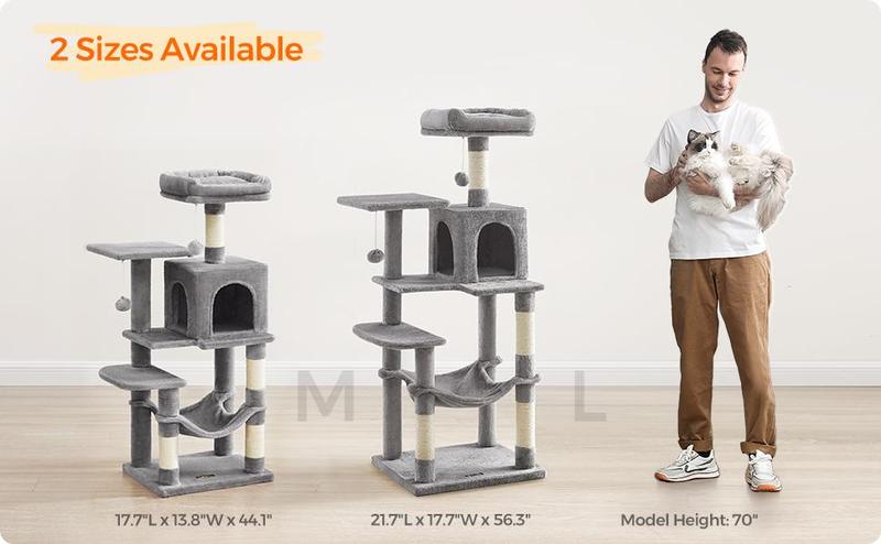 Feandrea Cat Tree with Scratching Posts, Hammock, Plush Perch & Activity Center - 44.1-Inch Multi-Level Cat Tower for Pets - Light Gray UPCT161W01