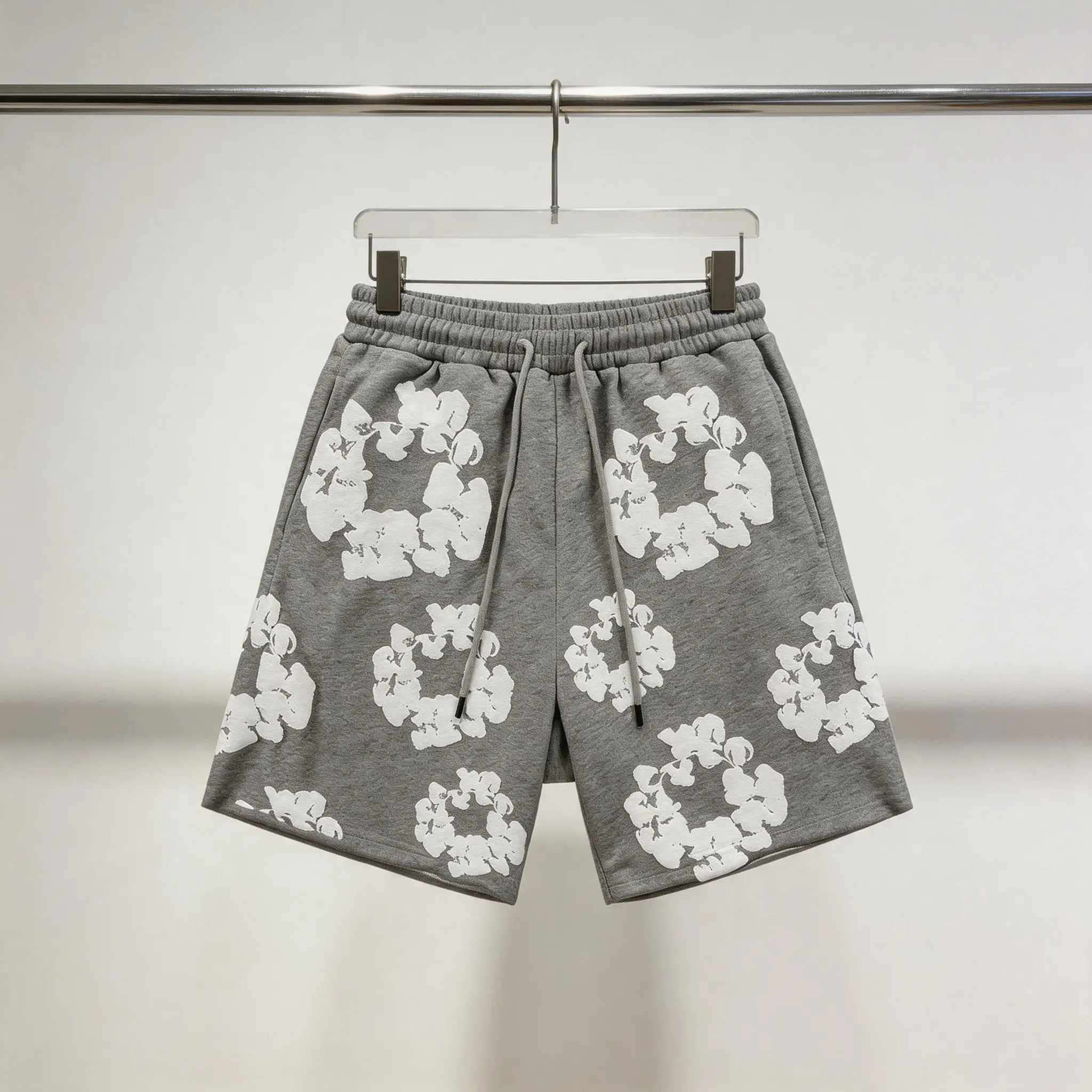 Denim Tears The Cotton Wreath 3D Foam Floral Print 2 Piece Outfit, Oversized Short Sleeve T-Shirt & High Waist Drawstring Casual Shorts, Unisex Hip Hop Summer Set
