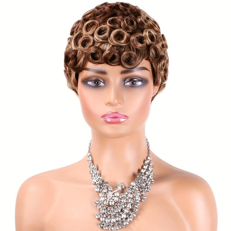 Women's 6" Short Curly Pixie Cut Human Hair Wig with Bangs - 180% Density Natural Brown/Blonde/Red/ - Machine-Made None Lace Front Wig Comfortable & Natural Look for Everyday Parties Formal Events - Easy Maintenance Short Hairstyle