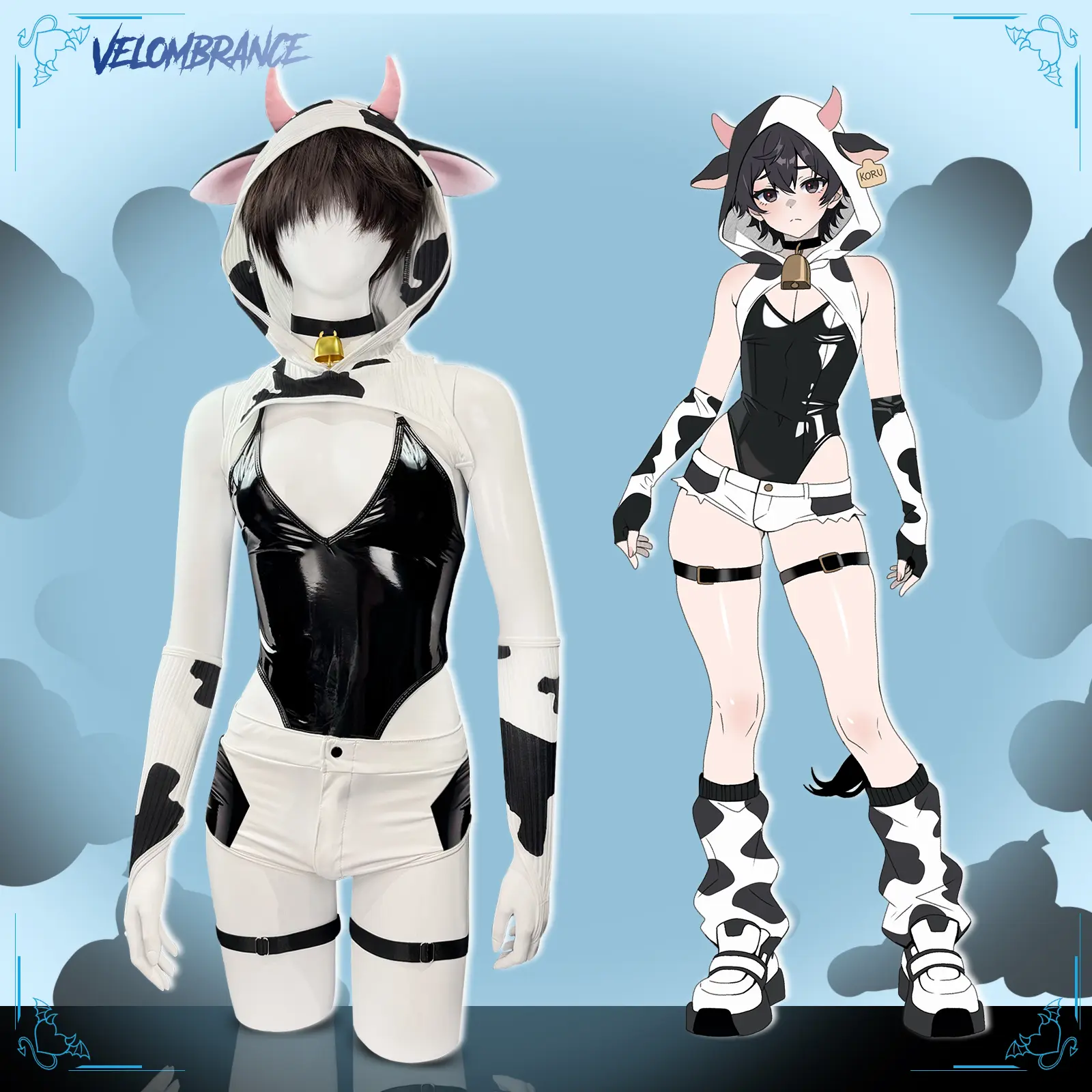 KORURACLUB Men's 7-Piece Cow Velour Bodysuit Set - Menswear Special Occasion Underwear, Clothes, Cosplay, Anime-Inspired & Character-Inspired Costume Sets (AS42), Unique Gifts for Man, One Piece