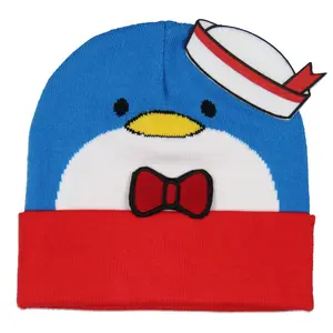 Sanrio Tuxedo Sam Beanie Sam Face Design with Felt 3D Bowtie and Hat Adult Novelty Cuffed Beanie