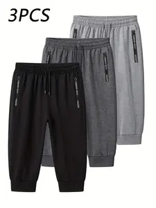 Men’s Casual Jogger Shorts – 3-Pack Breathable Polyester Stretch Shorts with 78 cm inseam, adjustable drawstring waist, and side pockets; suitable for running, gym, beach, and outdoor summer activities; solid color design, convenient pockets, and a comfor