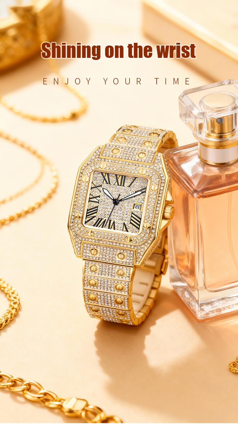 Luxury Rhinestone Embellished Square-Dial Quartz Watch with Gift Box Included Fashion Timeless Classic Watch Black Friday Flash Sale diamond men