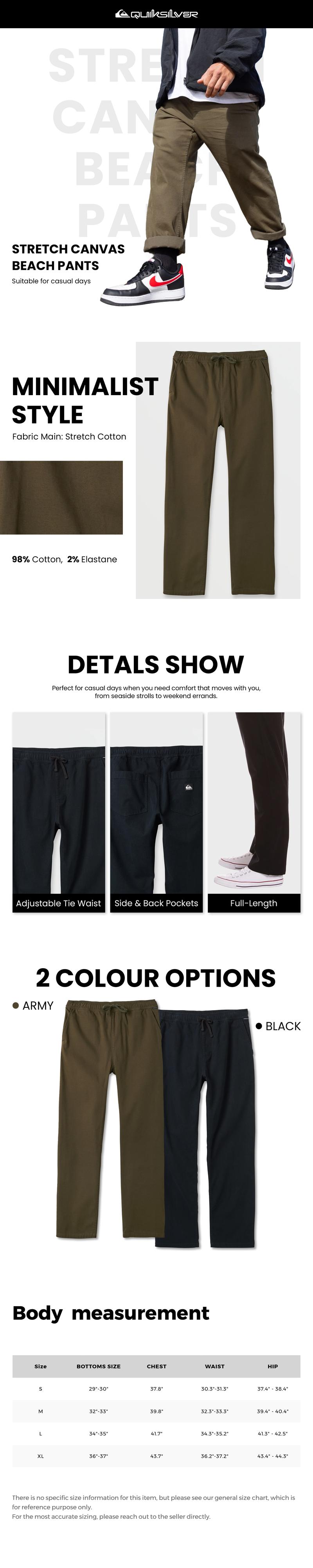 Quiksilver | Stretch Canvas Beach Pants | Mid Waist | Fitted Korean Minimalist Style | Full Length | Side & Back Pockets | Adjustable Tie Waist | Casual Menswear