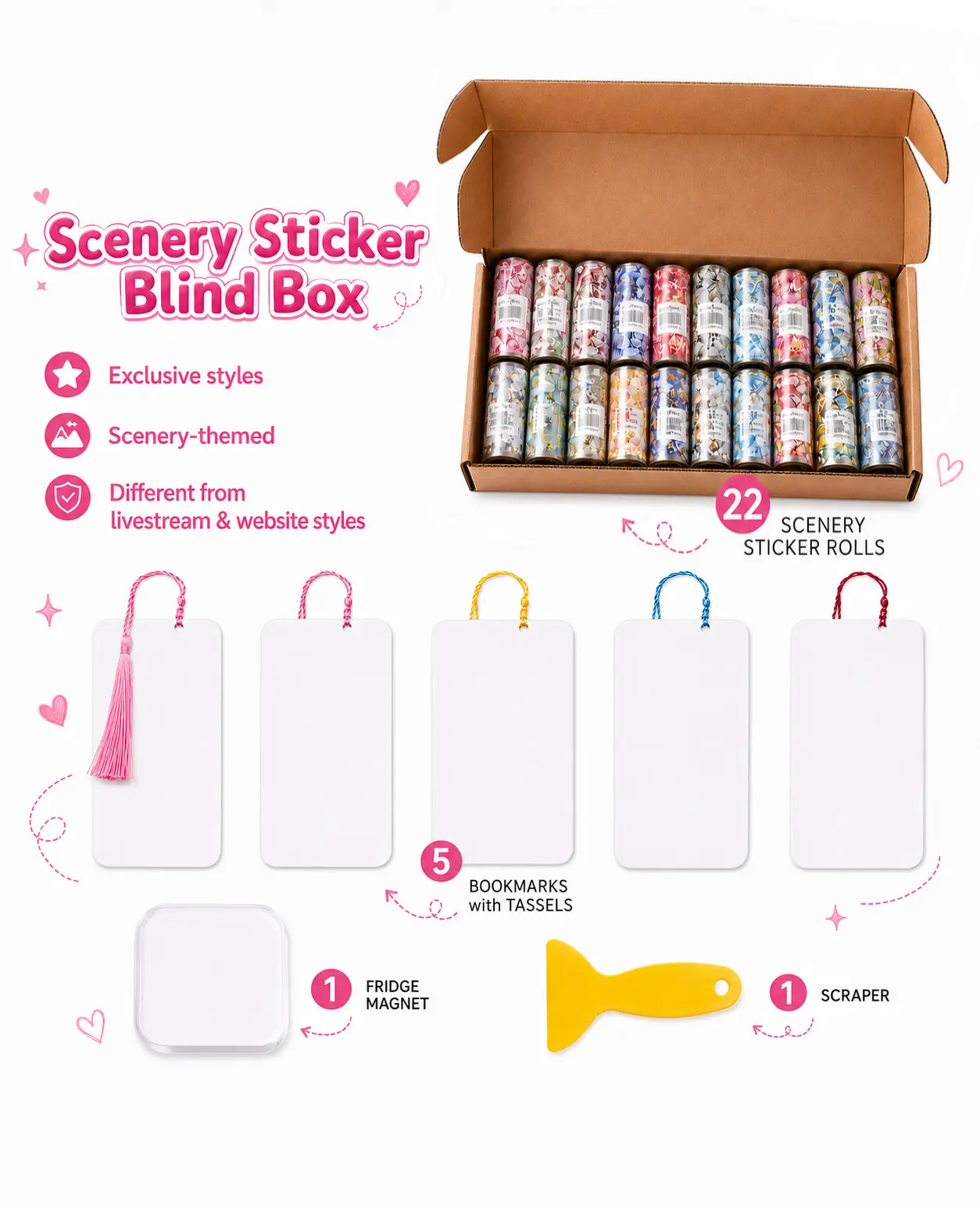Charm Chums Scenic Paper-Based Sticker Blind Box - 22 Sticker Rolls, 5 Bookmarks, Fridge Magnet, Scraper for Journaling, Scrapbooking, Planner Crafts, St
