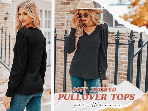 Women's Knit Shirt Soft Puff Long Sleeve Blouse Tops Lightweight V Neck Tunic XS-XXL Casual Winter Fitted Plain Black Thin