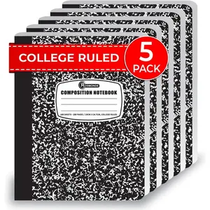 College Ruled Composition Notebooks 5, 200 Pages (100 Sheets), 93/4" x 71/2", White  Black Marble Composition Book, Hard Cover, Sturdy Sewn Binding, School, College  Office Supplies