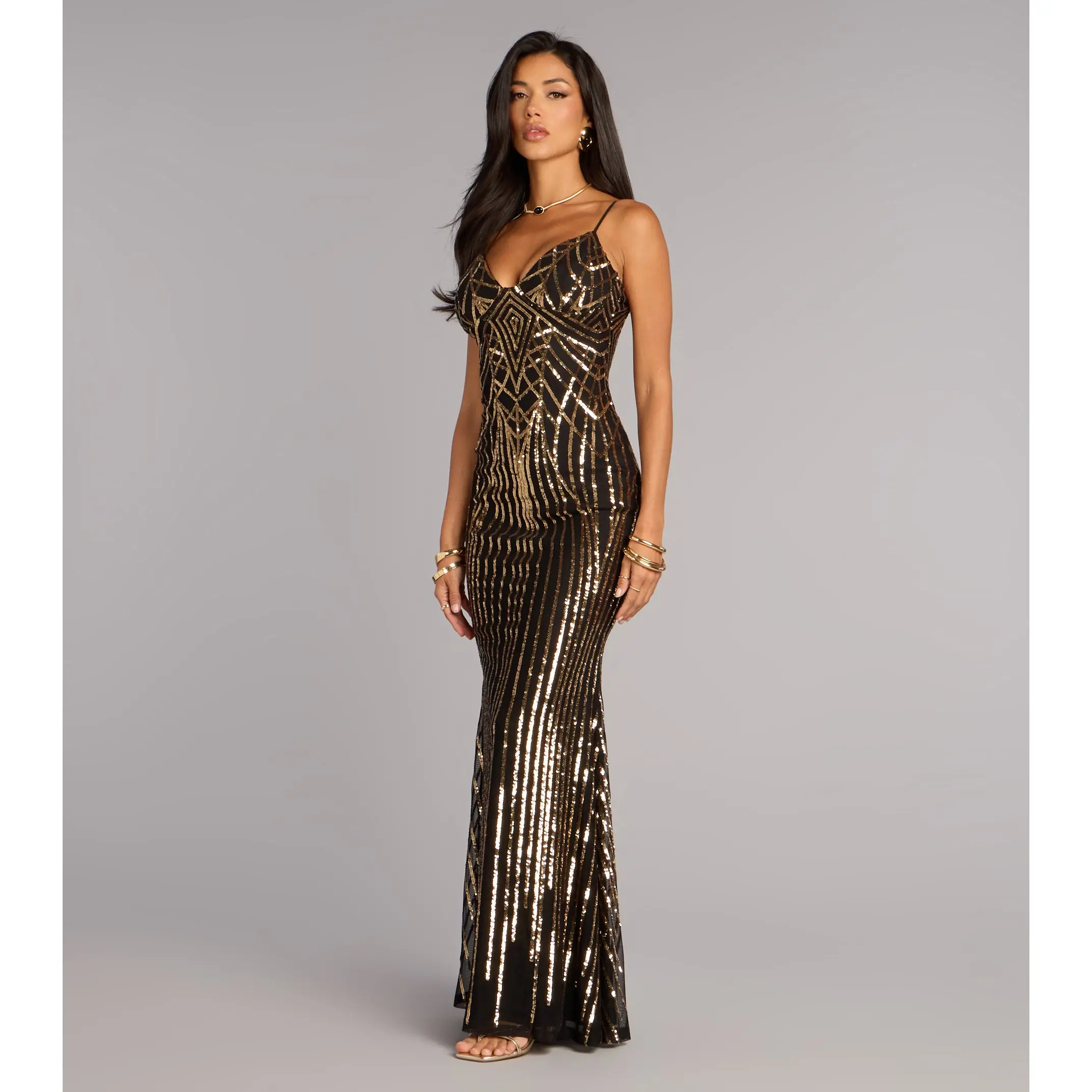 long gold evening dress AMIYA Lace Up Back Pattern Sequin Gown