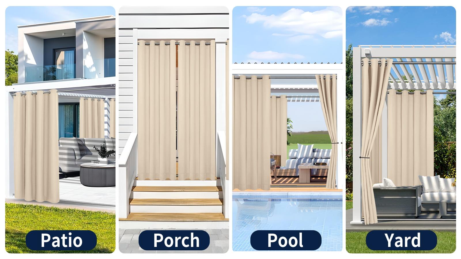 Easy-Going Outdoor Curtains Waterproof Windproof Weatherproof Curtain for Patio, Cabana, Porch, Pergola and Gazebo, Grommet Top and Tab Bottom Drape