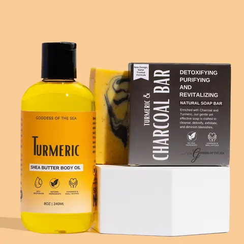 Turmeric Charcoal Bar + Body Oil Bundle – Brightening & Clarifying Skincare Set for Acne, Dark Spots & Body Blemishes | Natural Detox Soap + Lightweight Oil | Goddess of the Sea