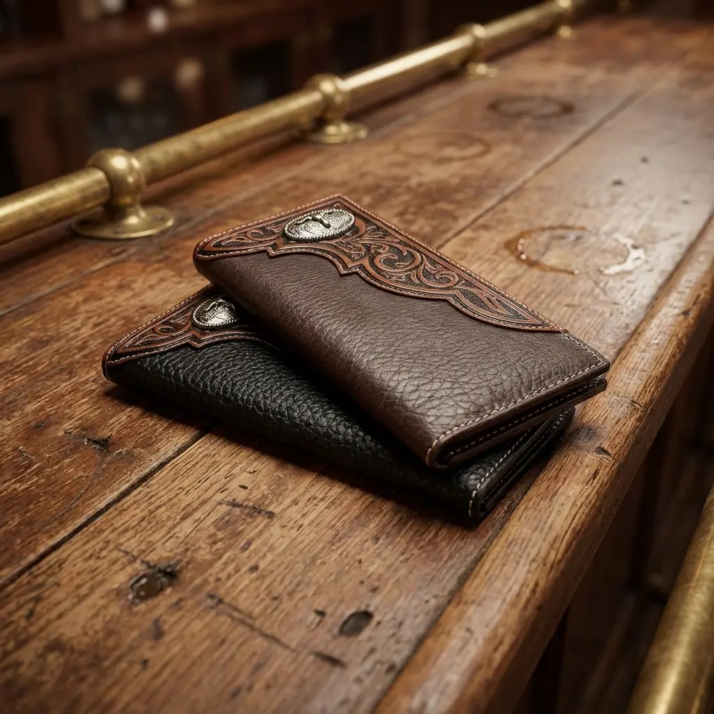 Western Stakes Men's Tooled Leather Cowboy Wallet, Brown Long Checkbook Wallet with Longhorn Concho and Strong Stitching, Leather Cash Wallet