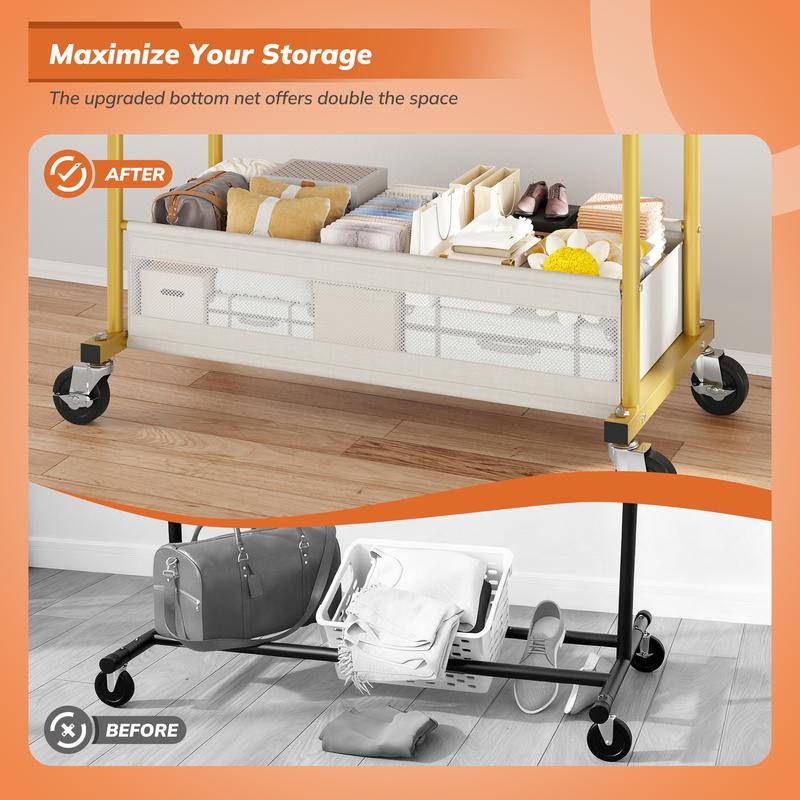Raybee Heavy Duty Clothing Racks with Net Pocket Holds Up to 210lbs,Double Rod Metal Clothes Rack for Hanging, Rolling Garment Rack with Wheels Portable Closet Racks for Bedroom, Laundry Room,Dorm, Black, White, Gold